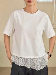 Dazy-Less Women's Lace Patchwork Solid Color Casual Round Neck Short Sleeve T-Shirt, Spring/Summer - White - View 6