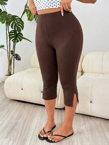Solflare Chocolate Brown Plus Size Women's Capri Leggings, Spring/Summer Clothes - Chocolate Brown - View 5