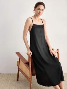 Ocili 丝滑缎面舒适飘逸吊带裙，简约女士睡袍 - 黑色 - 查看 7