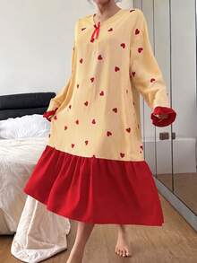 Dream Adore 條紋愛心印花拼色荷葉邊下擺長款女式睡袍 - 彩色 - 查看 3