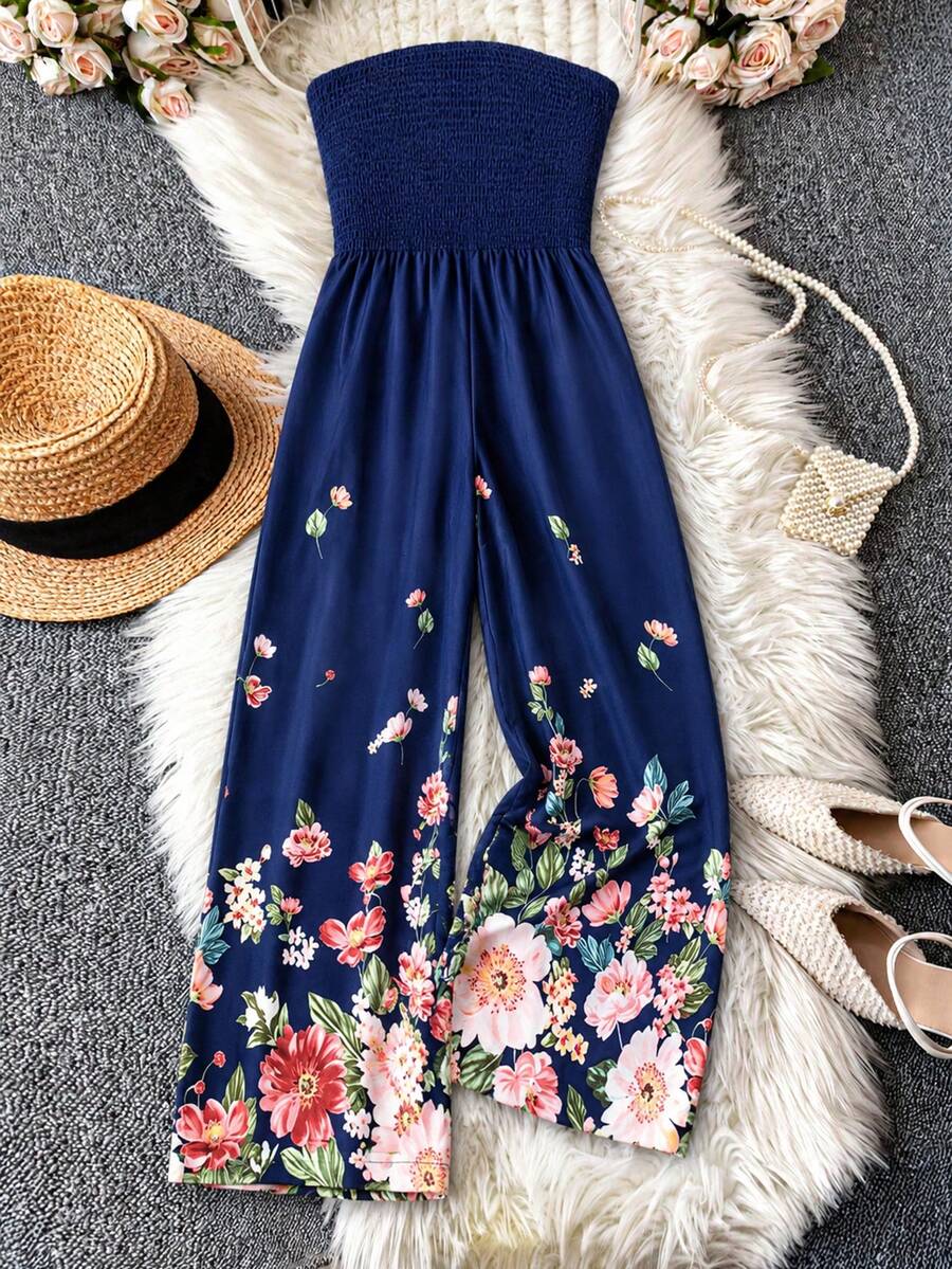 Linhara CURVE Mono de verano sin tirantes con estampado floral y fruncido para mujer talla grande - azul real - Ver 1