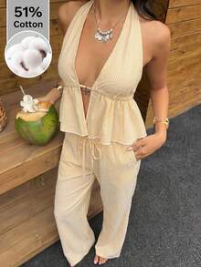 SHEIN EZwear 鵝黃色條紋編織女款休閒套裝 - 鵝黃色 - 查看 1