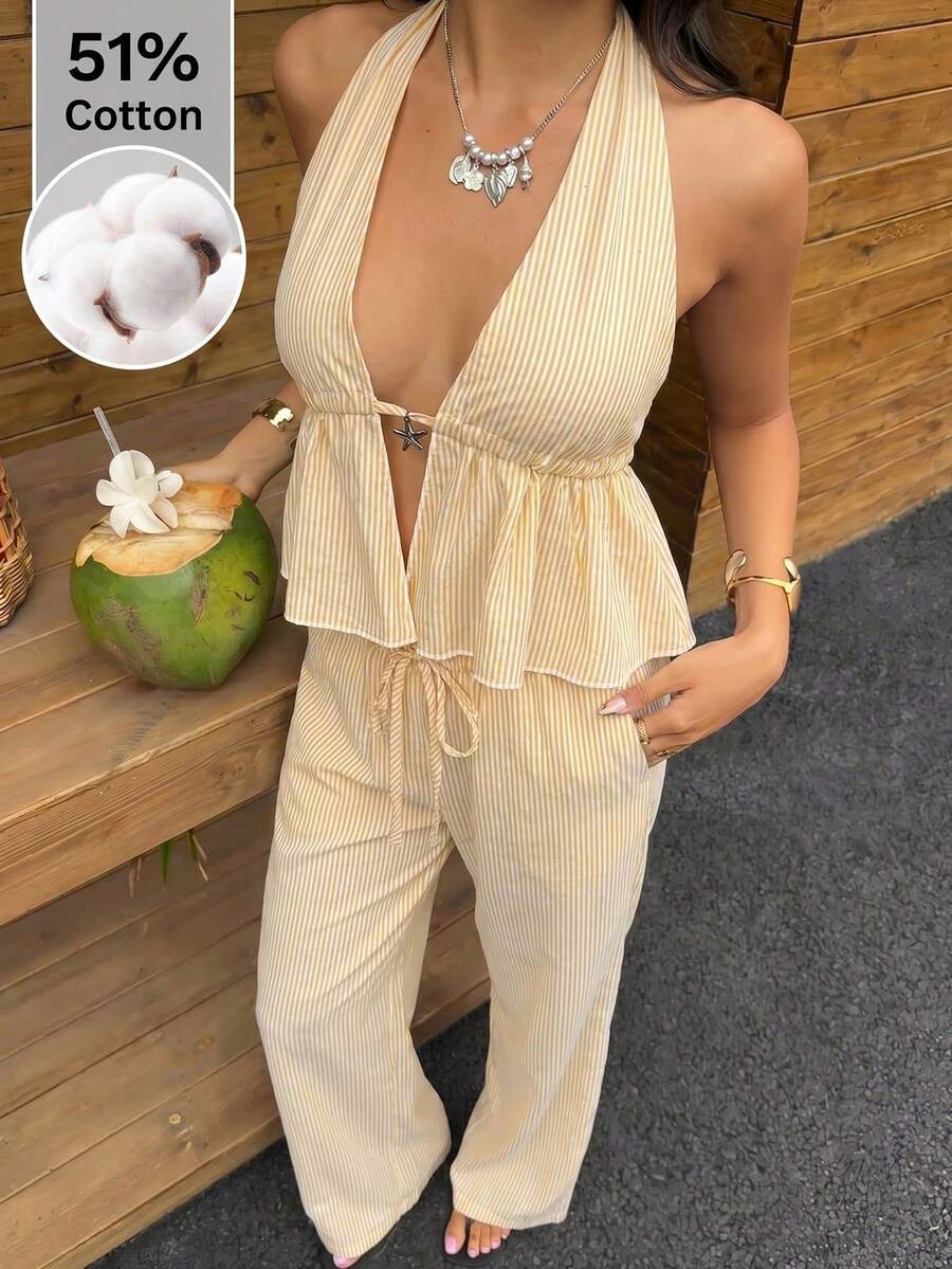 SHEIN EZwear 鵝黃色條紋編織女款休閒套裝 - 鵝黃色 - 查看 1