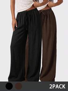 Avantive Women's Solid Color All-Match Versatile Drawstring Loose Casual Long Pants 2pcs - Multicolor - View 1