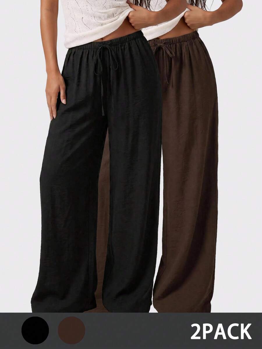 Avantive Women's Solid Color All-Match Versatile Drawstring Loose Casual Long Pants 2pcs - Multicolor - View 1