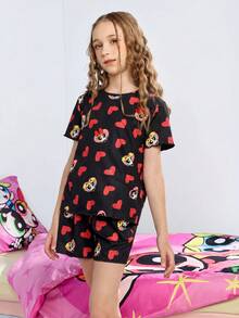 THE POWERPUFF GIRLS X SHEIN Conjunto de pijama infantil feminino com estampa floral e de corações, composto por camiseta e shorts. Ideal para primavera/verão. - Preto - Ver 8