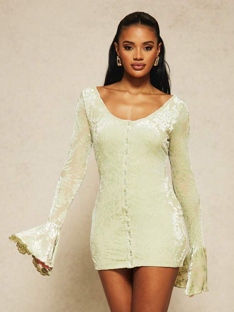 MISSGUIDED X Carli Bybel Floral Burnout Velvet Mini Dress With Bell Cuffs