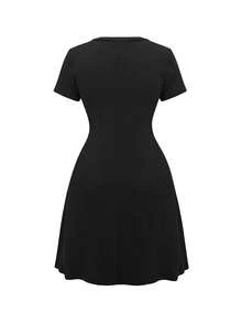 Elenzga Women's Summer Casual Solid Color Waist-Defining Dress - Black - View 4