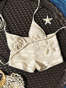 Swim SXY Summer Spring New Multi-Color Goose Yellow Textured Fabric Ocean Starfish Accessory Trim Straight Leg Pants Halter Neck Tie-Up Beach Vacation Women's Two Pieces Swimsuit Set - Apricot - View 5
