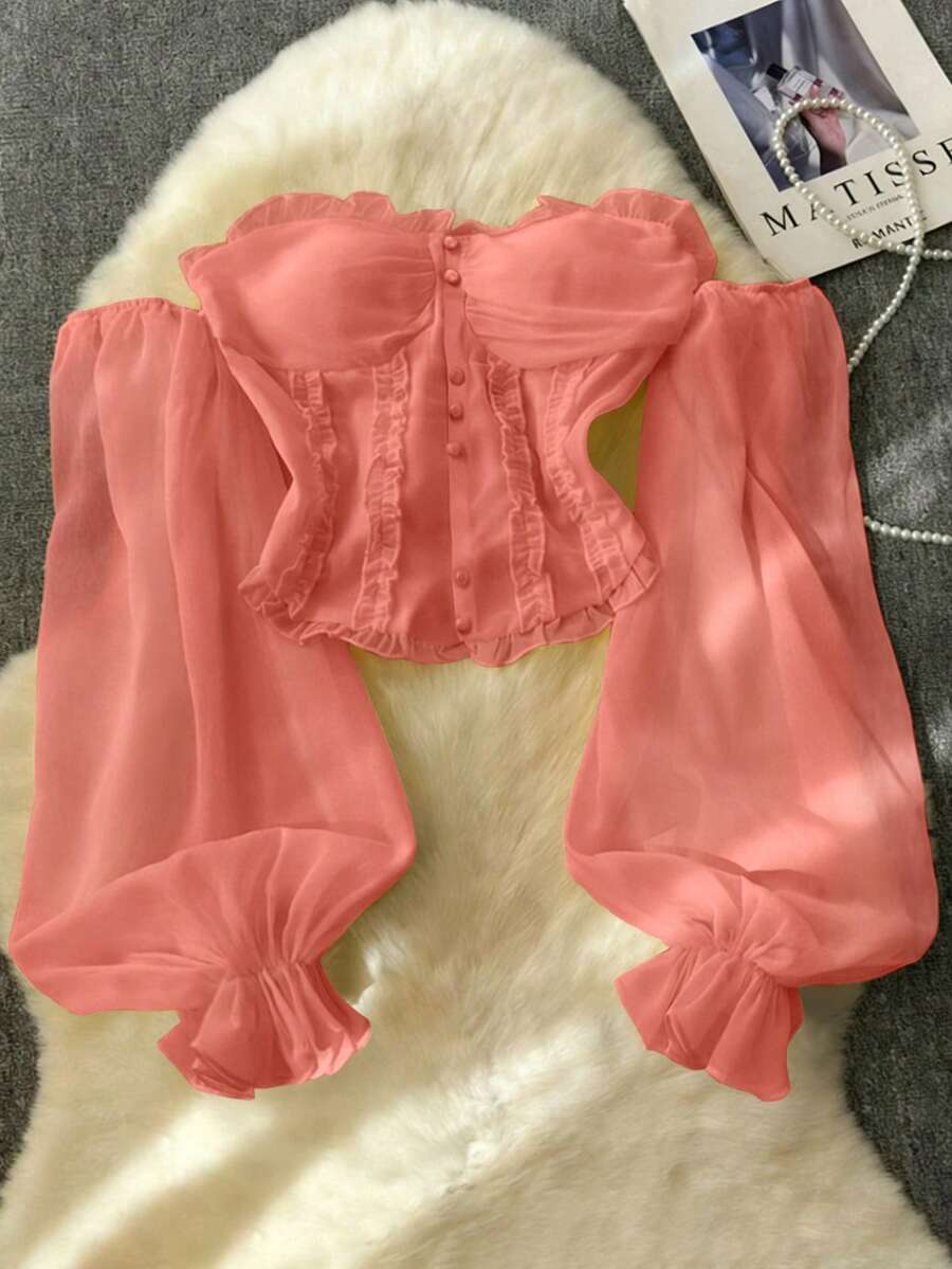 Franclia Top corto vintage francés rosa con volantes, hombros descubiertos, botones de perla y mangas acampanadas - Rosado Sandía - Ver 1