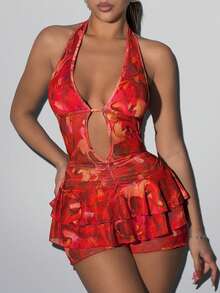 SHEIN ICON Women's Sexy Backless V-Neck Red Floral Romper, Vacation Beach Club Night Style Summer - Red - View 5