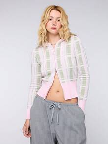COUREZ Long Sleeve Fitted Hooded Check Zip Cardigan Knit / Y2K Summer Outfits For Women Casual Outfits Autumn Hoodie Going Out Outfits Rave Autumn Knit - Multicolor - View 2