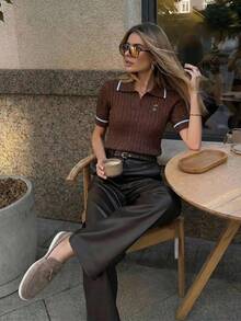 Briarwyn Women's Cartoon Bear Pattern Short Sleeve Casual Knit Top - Brown - View 5