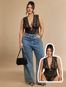 SHEIN BAE Áo liền thân gợi cảm phối ren, xuyên thấu, dành cho nữ cỡ lớn, thời trang. - màu đen - Xem 1