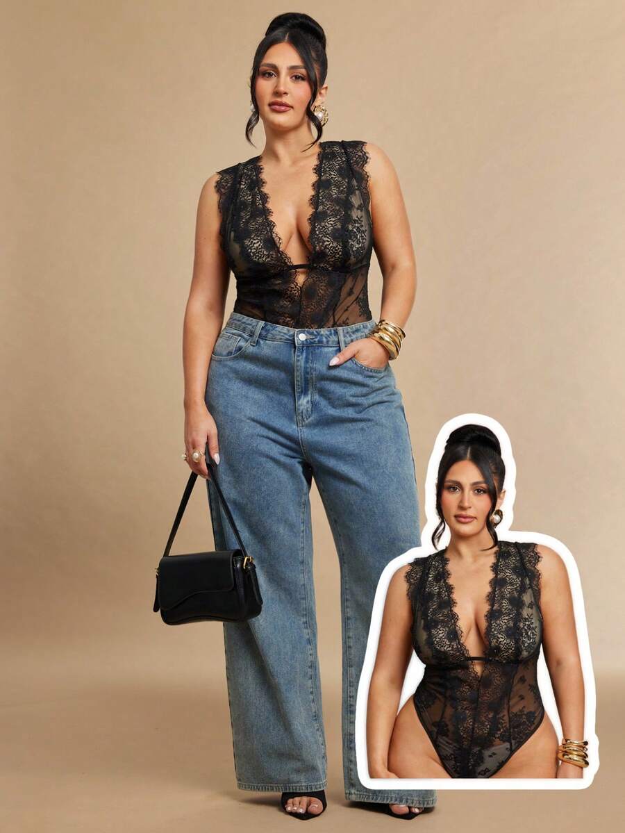 SHEIN BAE Áo liền thân gợi cảm phối ren, xuyên thấu, dành cho nữ cỡ lớn, thời trang. - màu đen - Xem 1