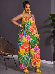 Slaydiva Casual Tropical Rainforest Leaf Print Plus Size Women's Apricot Camisole Jumpsuit Suitable For Spring And Summer - Multicolor - View 14