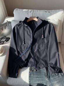 SHEIN EZwear 海軍藍大尺碼女款休閒長袖拉鍊連帽外套 秋季 - 藏蓝色 - 查看 1
