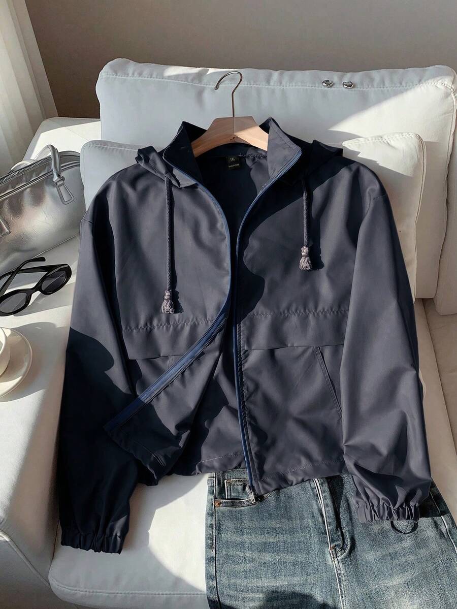SHEIN EZwear 海軍藍大尺碼女款休閒長袖拉鍊連帽外套 秋季 - 藏蓝色 - 查看 1