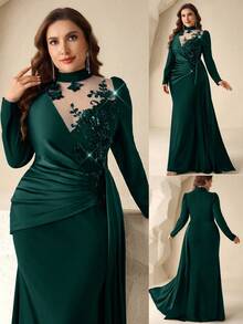 Coutiva Plus Size Mesh Patchwork Satin Front Panel Floral Applique Long Sleeve Formal Evening Gown (Intricate Design) Wedding Mint Green Winter Classy Elegant - Dark Green - View 7