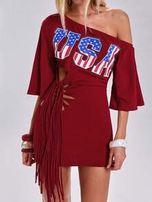 ACID BLVD Summer Vacation Y2K Hot Girl World Cup Sporty Style American Flag Print One Shoulder Burnout Tie Strap Mini Dress - Red - View 1