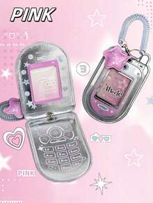 Silver Y2K Retro Flip Phone Card Holder, PU Leather Dual SIM ID Card Organizer, Mini Wallet Pouch With Keychain Cute Fashion Accessories - Multicolor - View 9