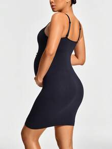 SHAPORA Pregnant Women's Solid Color Elastic Bodycon Shapewear Dress, Summer - Black - View 3