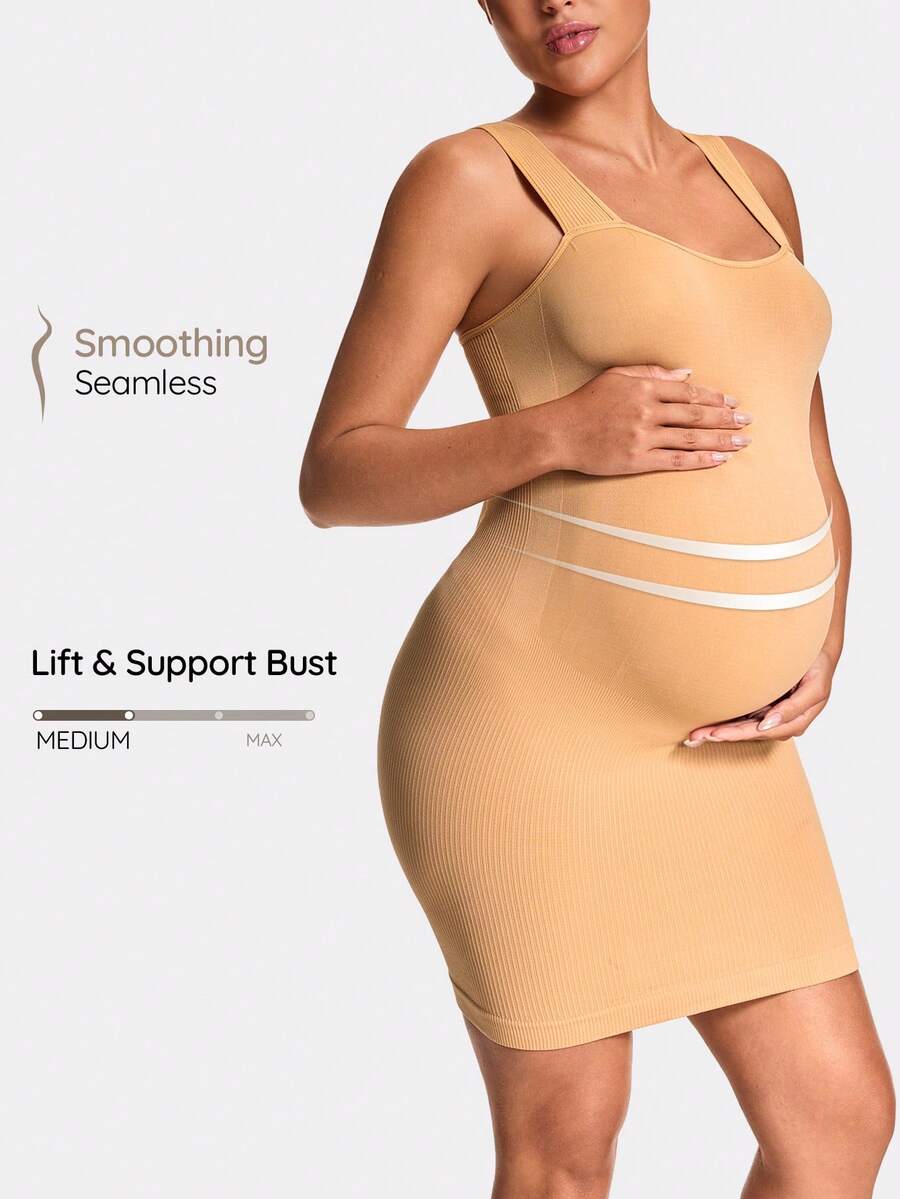 SHAPORA Maternity Solid Color Sleeveless Casual Jumpsuit Romper - Apricot - View 1