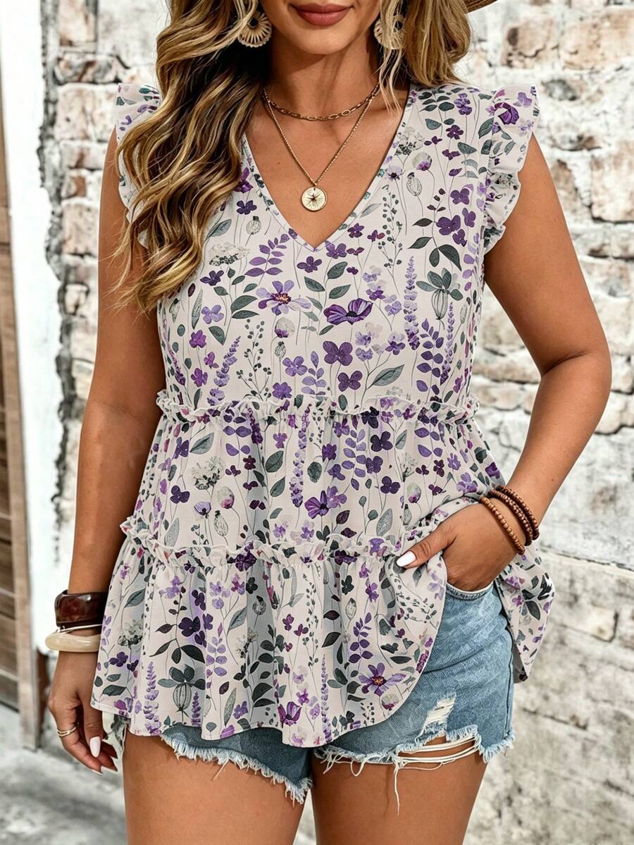 EMERY ROSE Plus Size Woven Floral V-Neck Flutter Sleeve Ruffle Patchwork Elegant Vacation Outing Daily Spring Summer Blouse - Purple - View 1