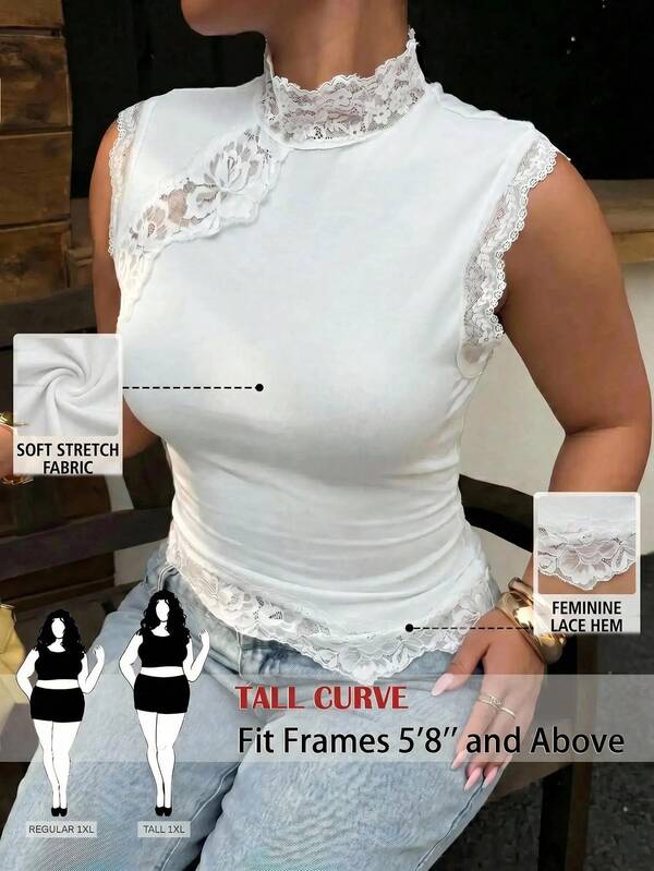 SHEIN Tall CURVE Camiseta ajustada de cuello alto de unicolor elegante con encaje en contraste, talla grande, para verano