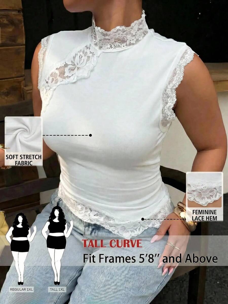 SHEIN Tall CURVE 大码优雅纯色撞色蕾丝高领紧身吊带背心,夏季 - 白色 - 查看 1