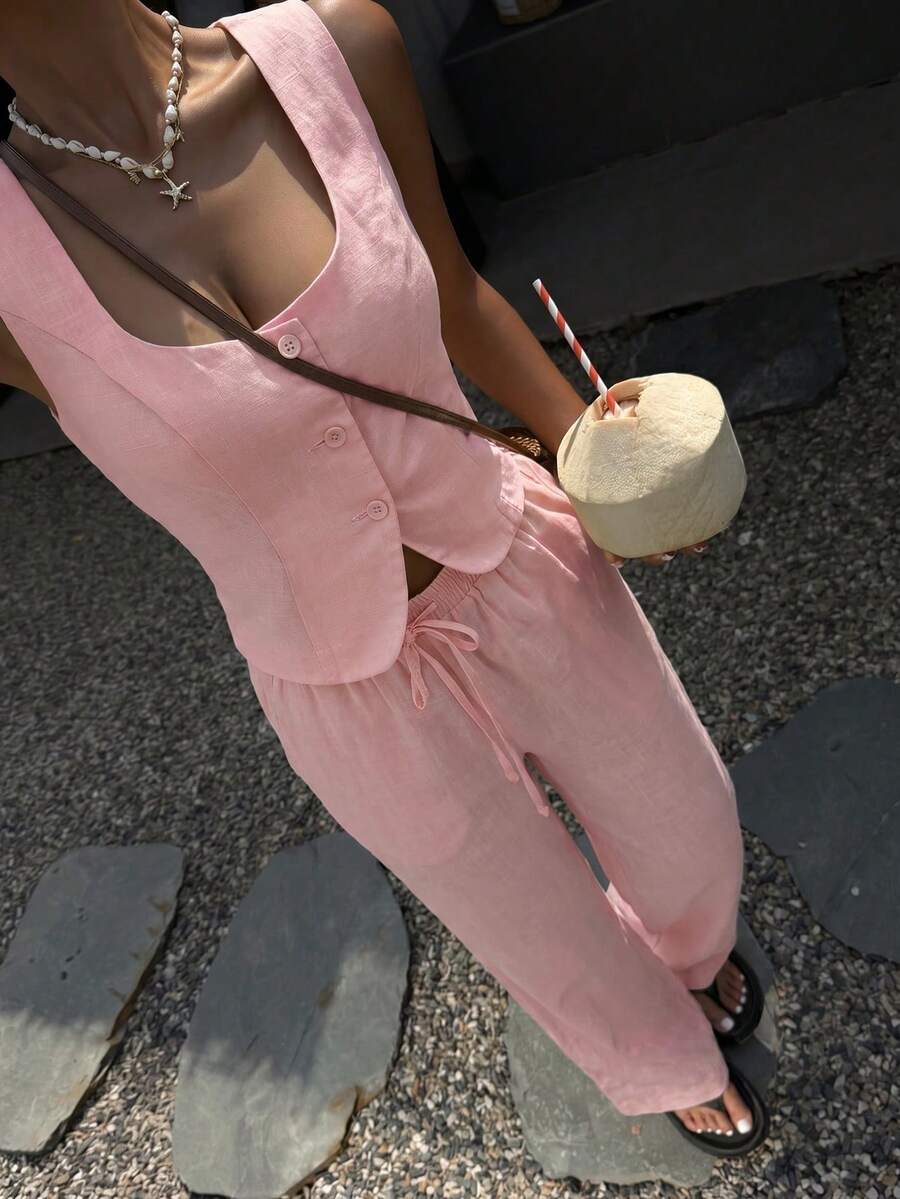 SHEIN EZwear 女士浅粉色纽扣亚麻吊带背心和抽绳腰长裤套装 - 淺粉色 - 查看 1