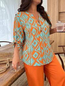 EMERY ROSE Women's Plus Size 2pcs Set With Notched Collar, Sleeve Button Tabs, Floral Pattern Top, Solid Color Bottom, Contrast Plant Print, Random Print Fall - Multicolor - View 5