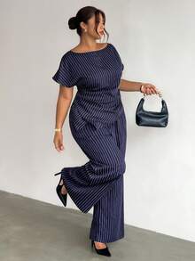 Firerie Plus Size Women's Striped Top And Long Pants Casual Everyday Set Fall/Winter - Navy Blue - View 2