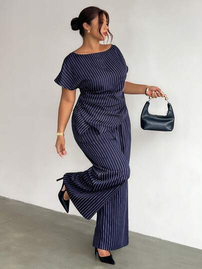 Firerie Conjunto casual de uso diario para mujer de talla grande con top a rayas y pantalones largos