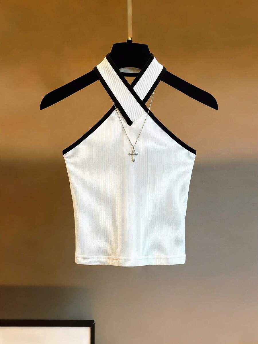 SHEIN Clasi 女款休閒時尚掛脖對比飾邊背心上衣 - 黑與白 - 查看 1