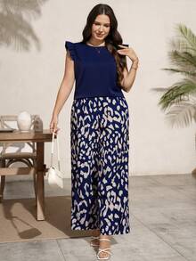 Comfylo Plus Size Casual Solid Color Top And Leopard Print Pants 2 Pieces Set - Navy Blue - View 7