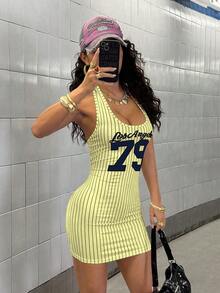 StreetHx English Striped Print Street Style Halter Neck Dress - Yellow - View 6