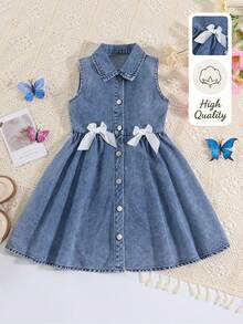 Young Girls Summer New Denim Sleeveless Dress, Dark Wash Blue, White Bow Decor, Button-Down Design, Collar, A-Line Skirt, Squishy Soft Skin-Friendly Cotton Fabric, Vintage Style, Summer Outfit For Beach Vacation, Beach, Weekend, Island Style, Brunch, Date - Light Wash - View 4