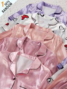 Pijamas para niñas y jóvenes, caja sorpresa, incluye 1 conjunto rosa con bolsillo bordado en jacquard, 1 conjunto naranja con bolsillo bordado, 1 conjunto rosa con estampado de corazón, 1 conjunto morado con estampado de corazón, 1 conjunto blanco con estampado de corazón, 5 conjuntos enviados al azar, 1 conjunto, conjunto de ropa de estar por casa cómodo y suave de satén con solapa, cárdigan de manga corta y pantalones cortos, adecuado para uso en el hogar y en interiores en verano, 1 conjunto al azar de 5 conjuntos de pijama - Multicolor - Ver 5