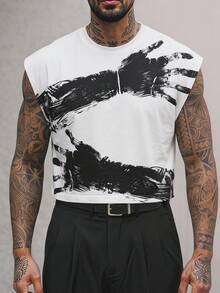 Manfinity RebelGame Men's Casual Hand Print Round Neck Loose Tank Top, Summer - White - View 3