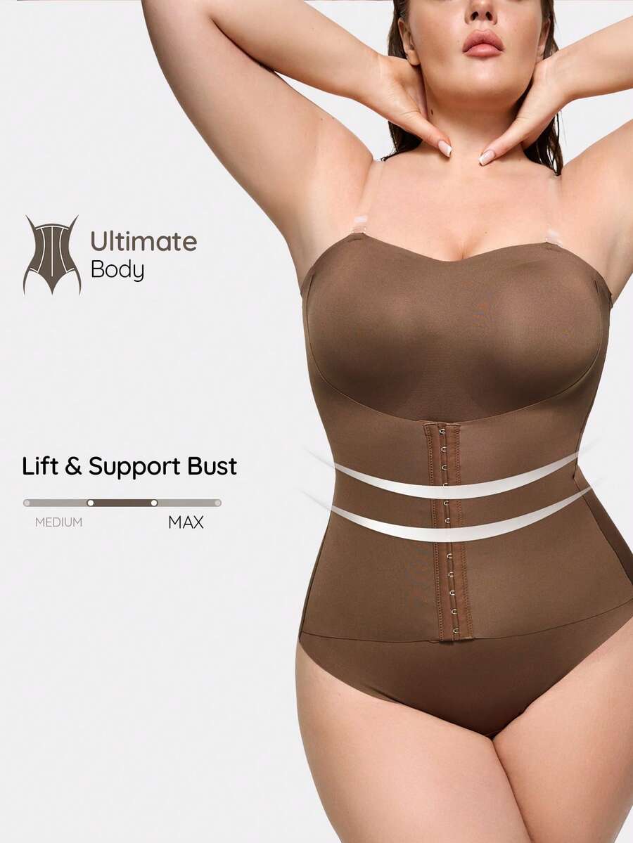 SHAPORA Plus Size Women's Shapewear Bodysuit, Waist & Abdomen Slimming, Bust Enhancing, Front Closure, Double Compression, Butt Lifting, Suitable For Outerwear, Single Piece - Brown - View 1