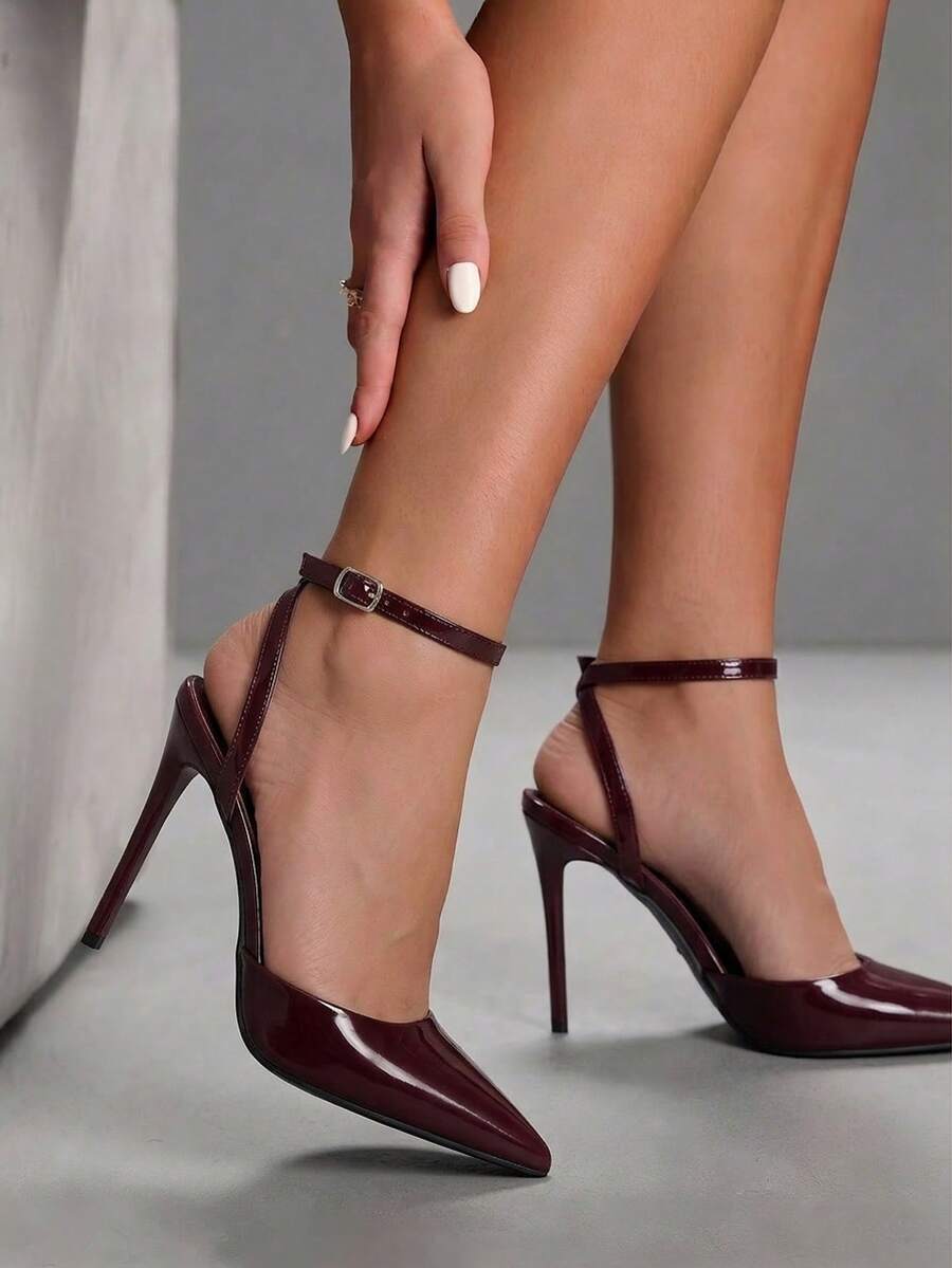 CUCCOO SZL 女鞋 女款尖頭細高跟酒紅色腳踝綁帶 氣質優雅時尚性感 女高跟鞋 適合派對、宴會及其他場合 女鞋 - 酒紅225B# - 查看 1