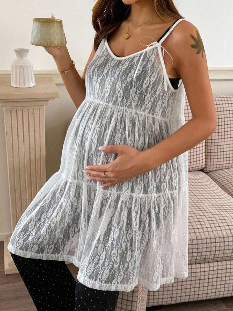 Dazy Maternity Atasan Tank Top Camisole Berenda Berlapis-lapis Modis untuk Ibu Hamil di Musim Panas - Putih - View 1