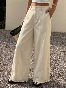 DAZY Solid Color Loose Pleated Ruffle Wide Leg Pants Casual Vacation Summer Women's Long Pants - Apricot - View 1