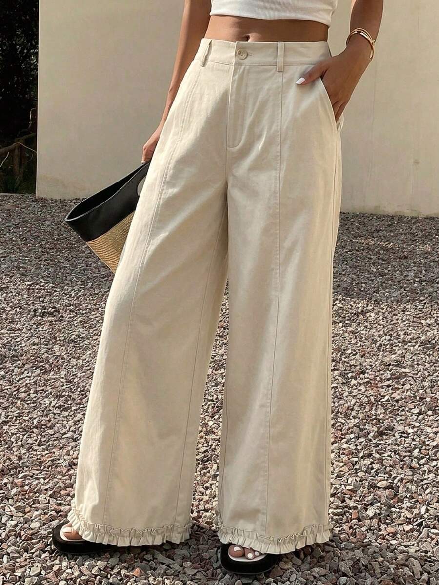 DAZY Solid Color Loose Pleated Ruffle Wide Leg Pants Casual Vacation Summer Women's Long Pants - Apricot - View 1
