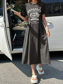 DAZY 春夏秋圓領短袖深灰色棉質字母印花收腰喇叭鬆垮休閒女款2件套洋裝校園風 - 灰色 - 查看 5