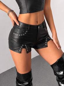 Jeanoix Women's Summer Fashion Split Metal Eyelet Decor Coated PU Shorts - Black - View 6