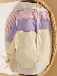 SHEIN 新生兒圓領長袖連身衣與長褲套裝 - 彩色 - 查看 2