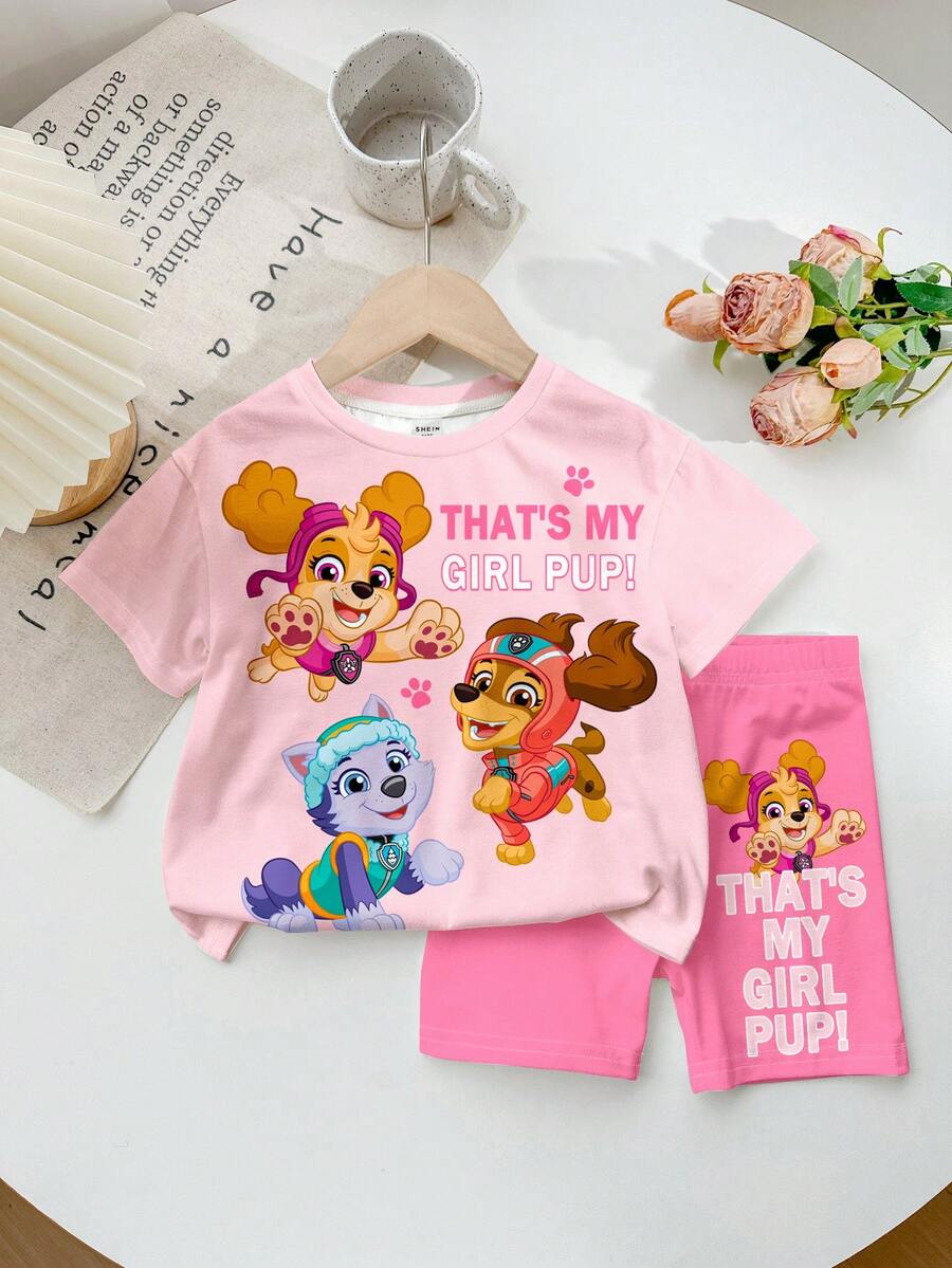 SHEIN | PAW Patrol 女童休閒簡約短袖上衣與短褲兩件套,適合夏季,經典可愛勇敢卡通動漫可愛圖案印花 - 彩色 - 查看 1