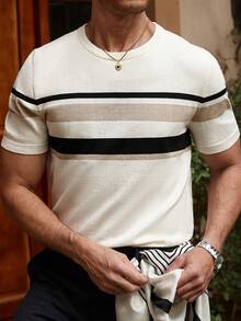 Manfinity Homme Plus Size Men's Black And White Striped Pattern Short Sleeve Crew Neck Knit Top Holiday Summer Casual - Multicolor - View 4